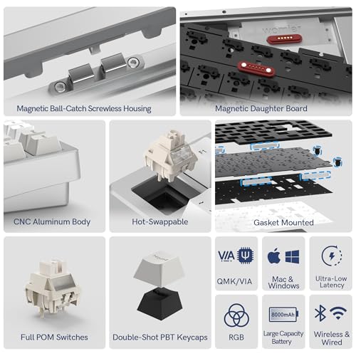 Womier RD75 Pro 75% Wireless Gaming Keyboard, Quick Release Aluminum Keyboard, QMK/VIA Tri-Mode Mechanical Key Board Custom Hot Swappable with RGB Creamy for Windows/Mac/PC - Silver - Image 4