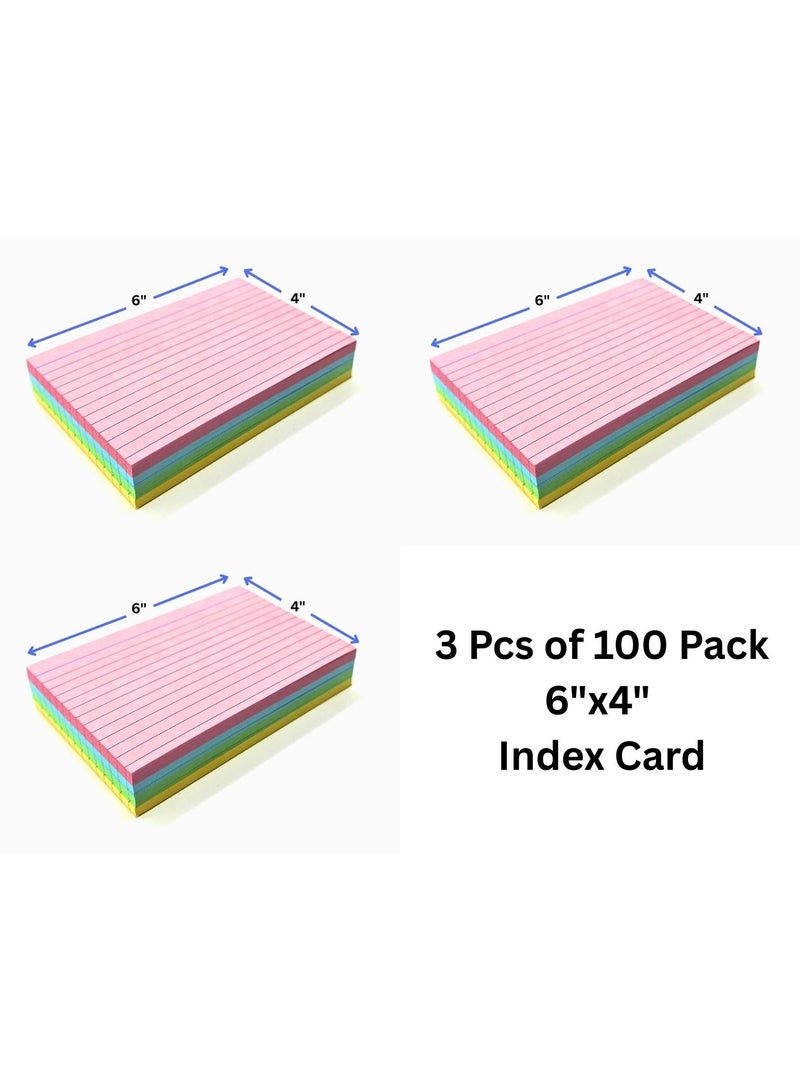 (Pack of 3) Ruled Index Cards (100 Pack)  – 6” x 4” Ruled Colored 240 GSM Record Cards for Note Taking, Flashcards, Lists, Studying, and Office or School Use - Image 1