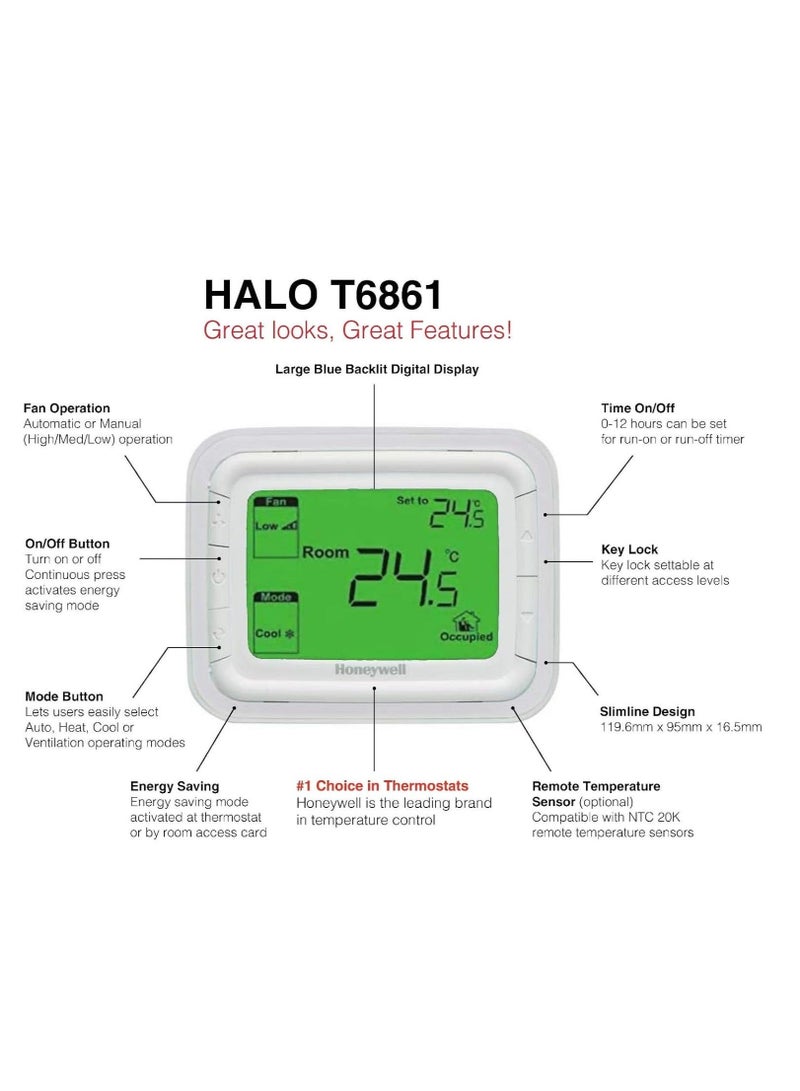 هوني ويل منظم حرارة تشغيل/إيقاف تشغيل مروحة Honeywell Home T6861H2WG، مع مستشعر عن بعد ومدخلات تراجع عن بعد - Image 3