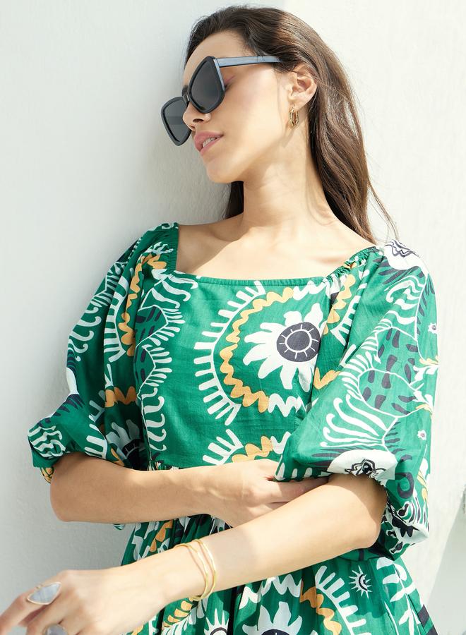 SASSAFRAS Emerald Green Floral Print Mini Dress - Image 4