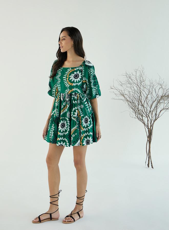 SASSAFRAS Emerald Green Floral Print Mini Dress - Image 3