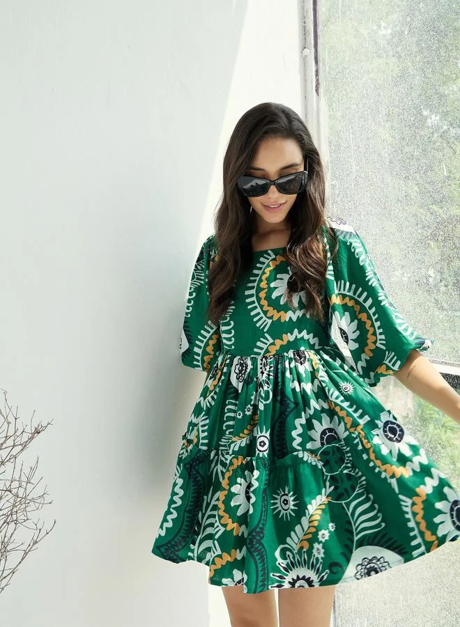 SASSAFRAS Emerald Green Floral Print Mini Dress