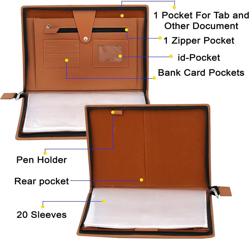 Storite PU Leather Multipurpose 20 File Sleeve A4 Professional Files and Folders, Certificate, Legal Size Documents Holder for Home, Office, School (38 * 27cm)-Tan Brown - Image 3