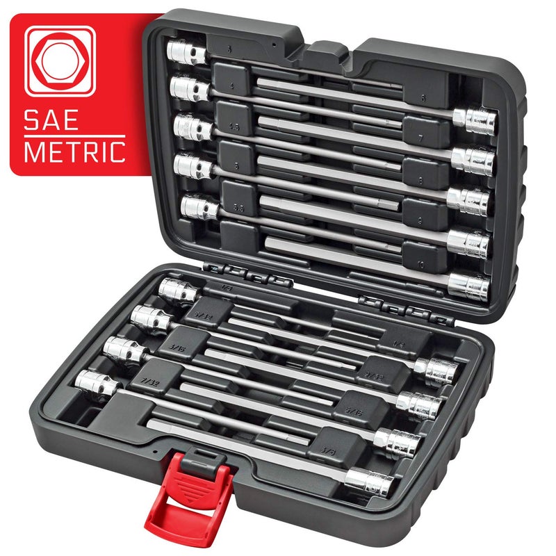 CARBYNE 18-Piece Extra Long Hex (Allen) Bit Socket Set | SAE & Metric, S2 Steel Bits, CrV Sockets, Active Corrosion Protection, Durable Case | 1/8 in. - 3/8 in. SAE / 3mm-10mm Metric, 3/8 in. Dr.