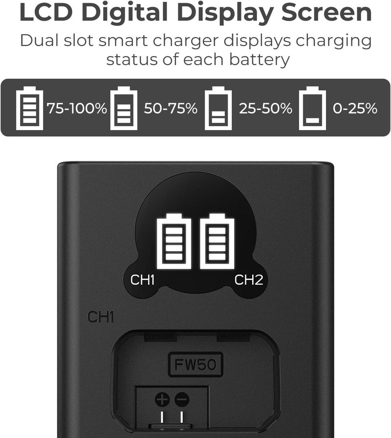 Scalebee NP-FW50 Battery Charger, LCD Dual Charger Compatible with Sony Alpha A6000, A6400, A6100, A6300, A6500, A5100, A7, A7 II, A7R, A7R II, A7R2, A7S, A7S II, A7S2, A5000, A3000, RX10 - Image 2