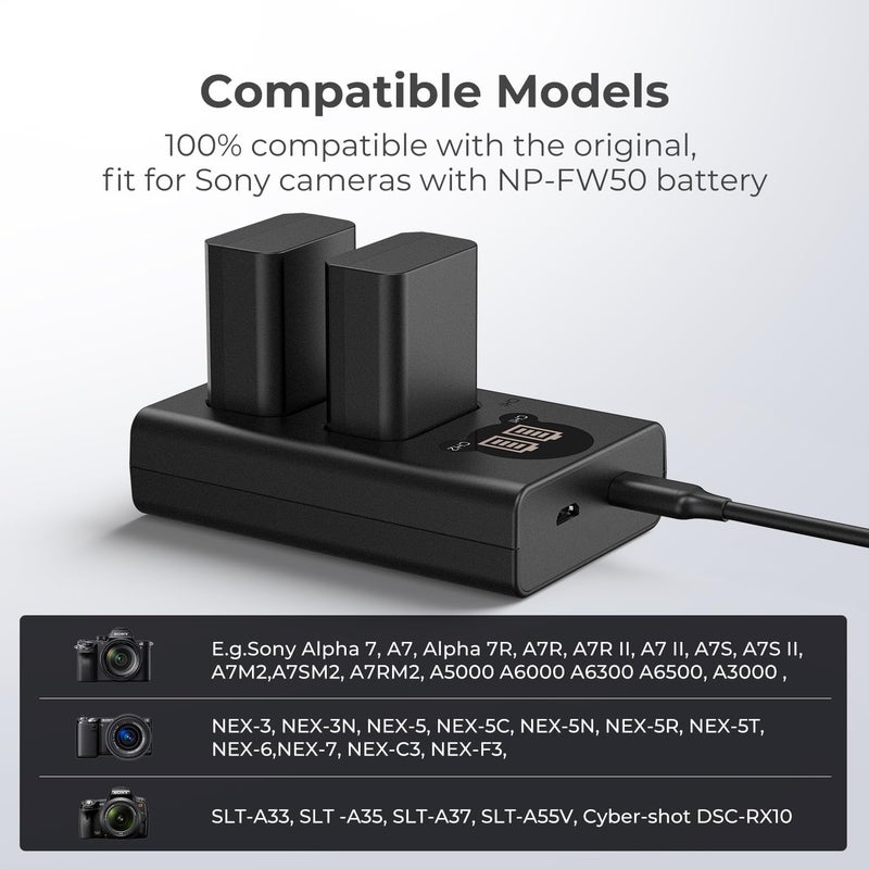 Scalebee NP-FW50 Battery Charger, LCD Dual Charger Compatible with Sony Alpha A6000, A6400, A6100, A6300, A6500, A5100, A7, A7 II, A7R, A7R II, A7R2, A7S, A7S II, A7S2, A5000, A3000, RX10 - Image 3