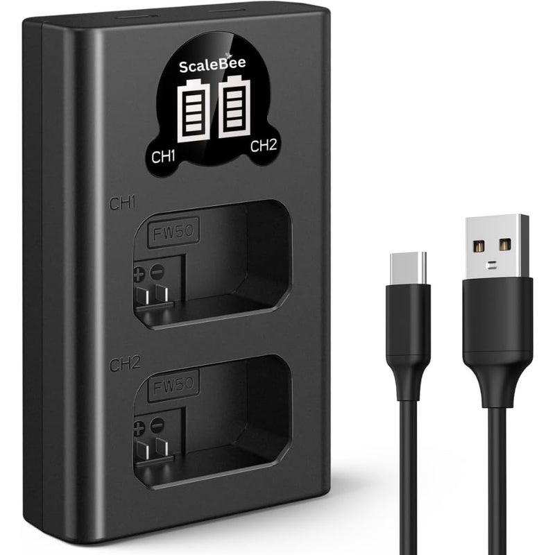 Scalebee NP-FW50 Battery Charger, LCD Dual Charger Compatible with Sony Alpha A6000, A6400, A6100, A6300, A6500, A5100, A7, A7 II, A7R, A7R II, A7R2, A7S, A7S II, A7S2, A5000, A3000, RX10 - Image 1