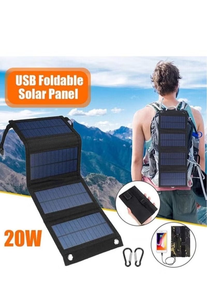 Portable Solar Charger, Foldable Solar Panel 5V20W, Mobile Phone Power Bank USB Battery Charging Outdoor Waterproof Camping Electronics