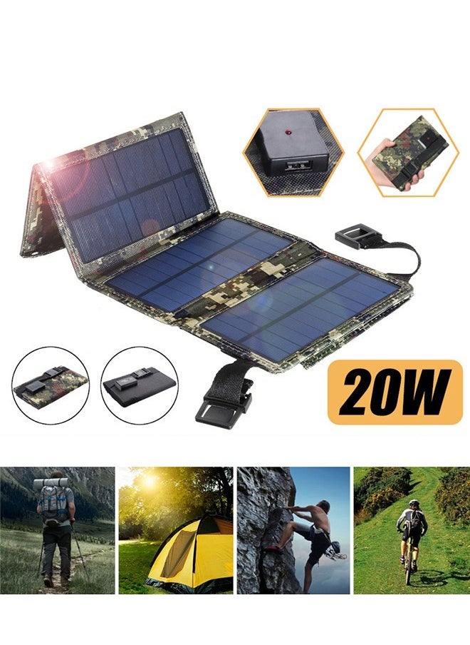 Portable Solar Charger, Foldable Solar Panel 5V20W, Mobile Phone Power Bank USB Battery Charging Outdoor Waterproof Camping Electronics