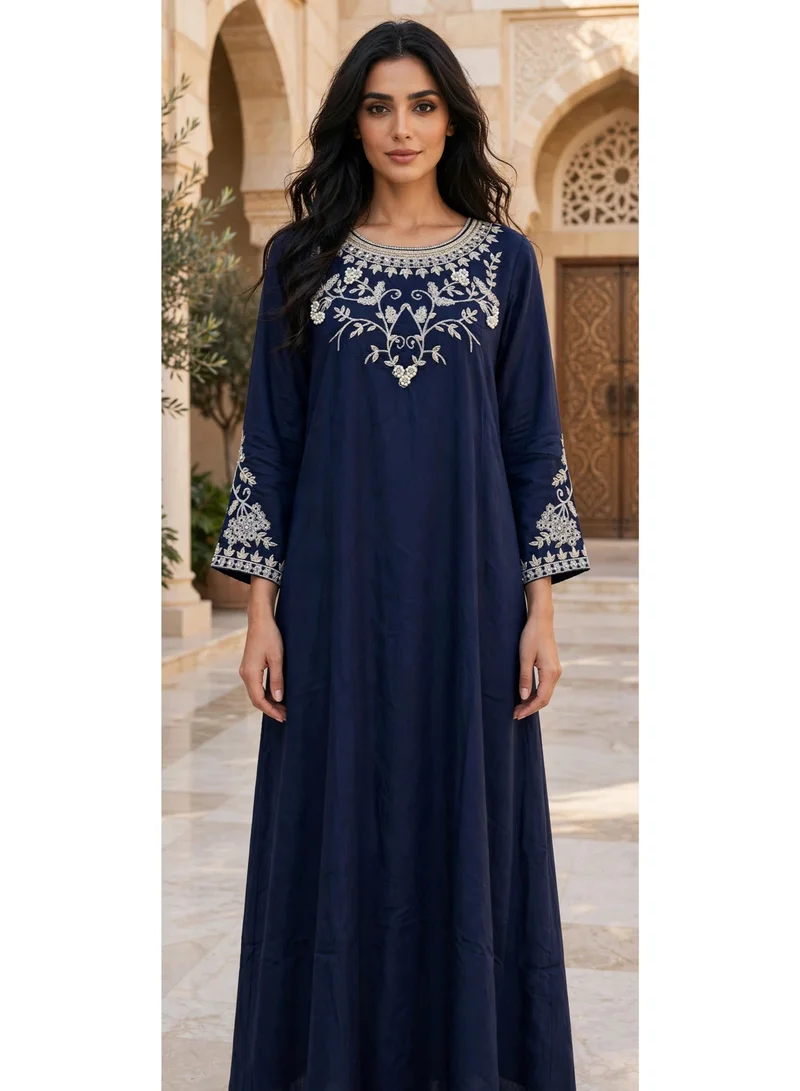 Floral Vines Embroidered Scoop Neck Maxi Jalabiya