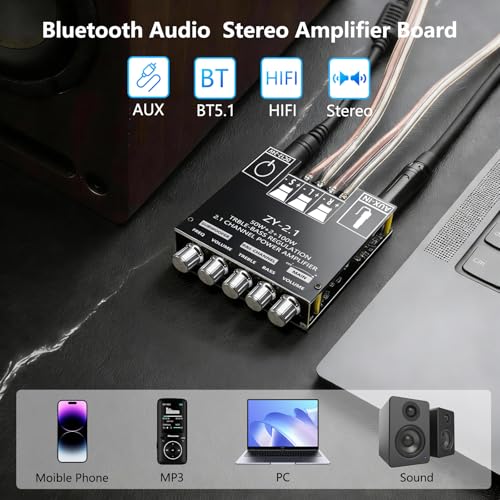 Bluetooth 5.1 Audio Stereo Amplifier Board,200W HiFi 2.1 Channel Mini Subwoofer Power Amp Module with Treble & Bass Control,DC 12-24 V, Audio Amp Board for Home DIY Wireless Speaker - Image 5