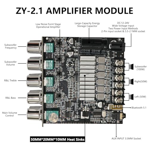 Bluetooth 5.1 Audio Stereo Amplifier Board,200W HiFi 2.1 Channel Mini Subwoofer Power Amp Module with Treble & Bass Control,DC 12-24 V, Audio Amp Board for Home DIY Wireless Speaker - Image 2