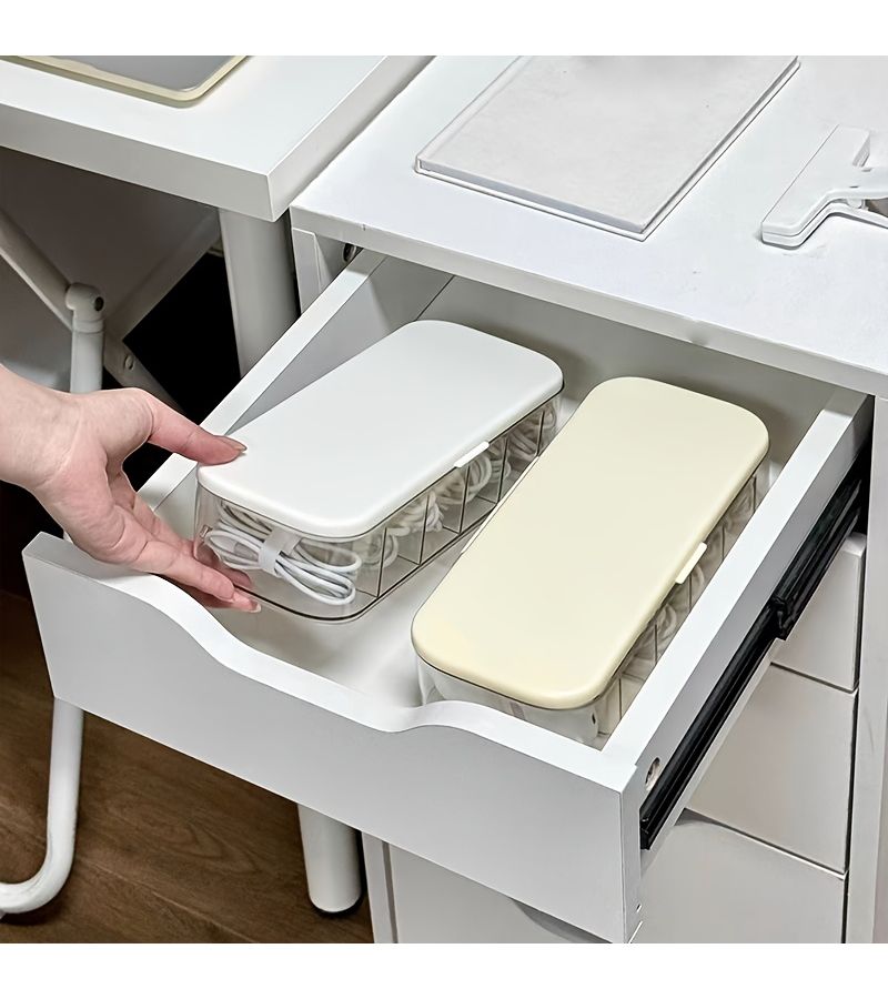 White Transparent Desktop Cable Organizer Box with Lid Lightweight Cord Storage Solution - Image 4