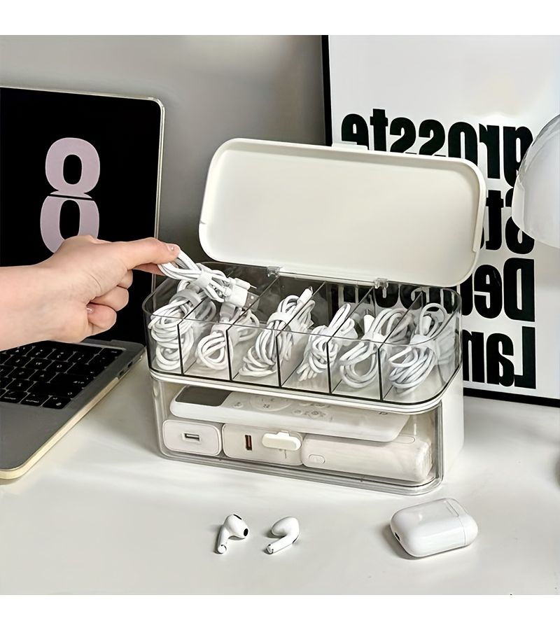 White Transparent Desktop Cable Organizer Box with Lid Lightweight Cord Storage Solution - Image 1