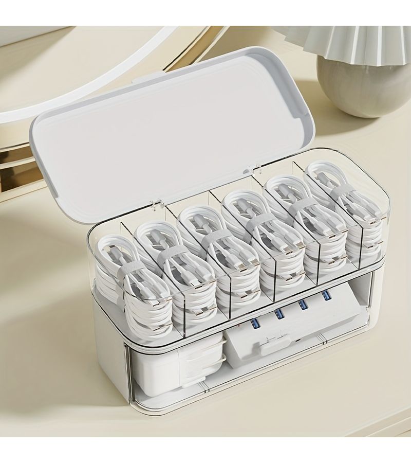 White Transparent Desktop Cable Organizer Box with Lid Lightweight Cord Storage Solution - Image 5