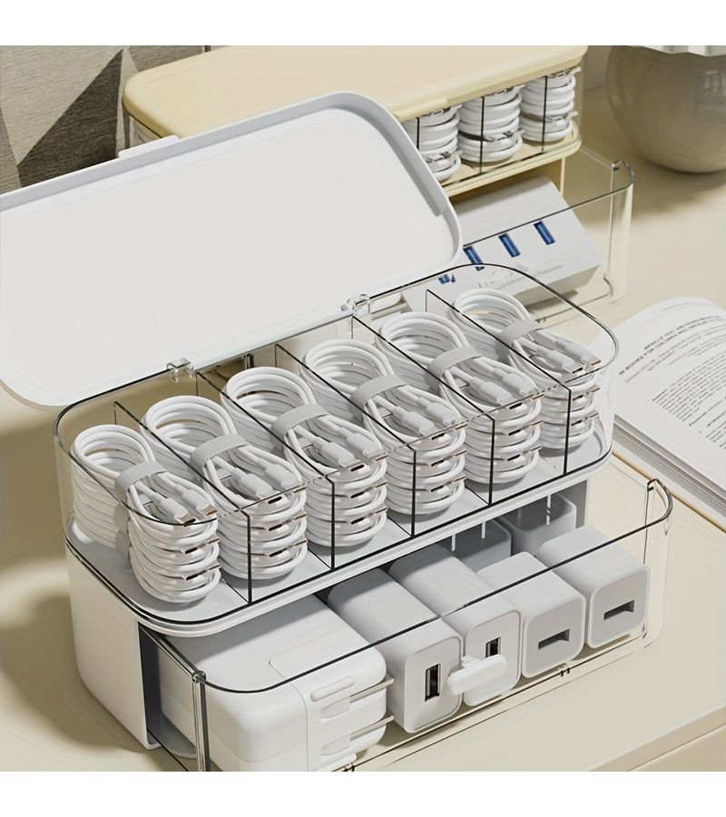 White Transparent Desktop Cable Organizer Box with Lid Lightweight Cord Storage Solution - Image 2