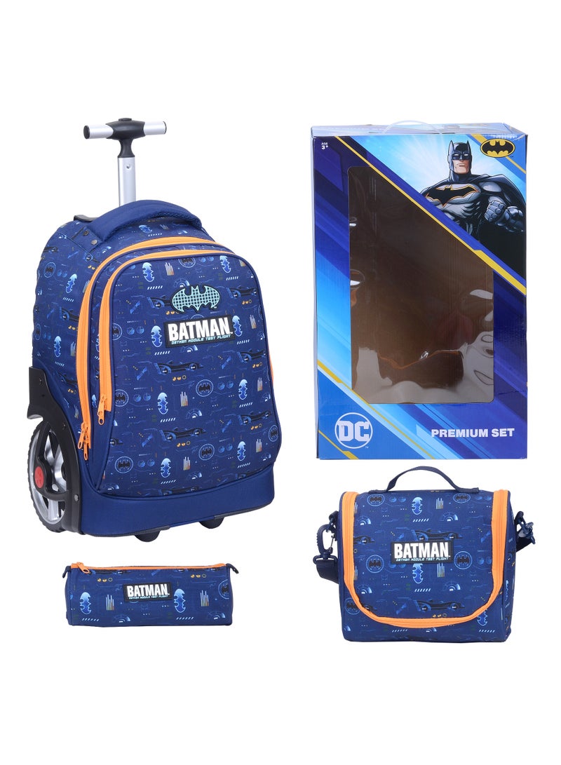 Warner Bros Batman 3-Piece Big Wheel Trolley Bag Set – DC Comics Premium Luggage for Kids with Backpack, Lunch Bag & Pencil Pouch – Blue School Travel Set for Boys - Image 1