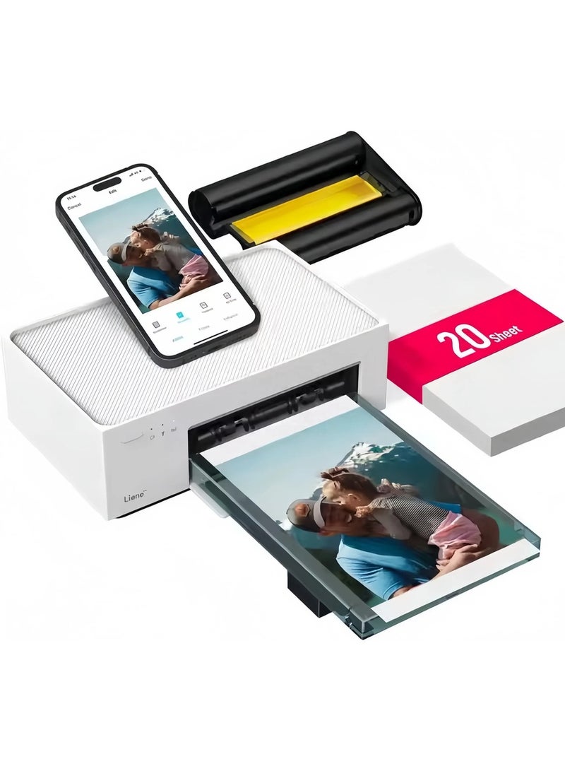 ليين طابعة صور لين وايت M200 4x6 بوصة، نسخة بطارية، طابعة صور لاسلكية لآيفون وأندرويد، طباعة باللون الكامل باستخدام التسامي بالصبغة، 20 ورقة، طابعة صور محمولة مثالية للاستخدام في السفر والمنزل. - Image 1