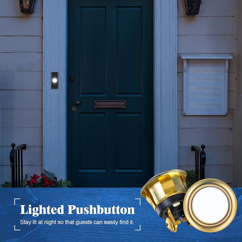Dreyoo 2 Pack Doorbell Button Replacement, LED Lighted Doorbell Button Wired Door Bell Ringer Button Replacement Round Door Bell Push Button Only, White Light (Golden Rim) - Image 4