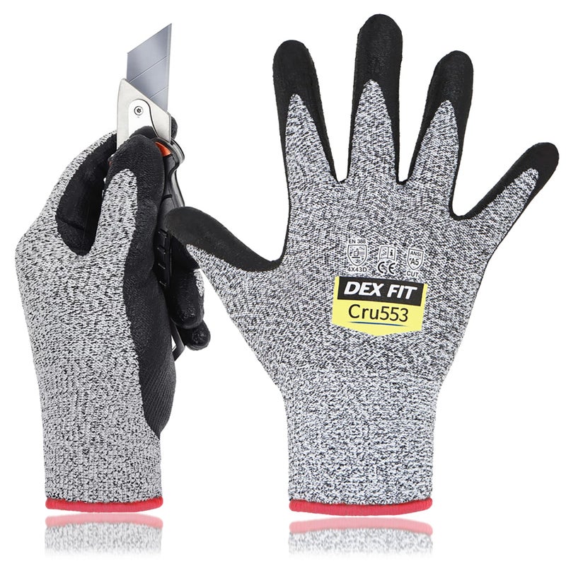 DEX FIT قفازات دكس فيت المقاومة للقطع من المستوى 5 Cru553، تصميم مريح ثلاثي الأبعاد، قبضة قوية، رقيقة وخفيفة الوزن، متوافقة مع شاشة اللمس، متينة، قابلة للتنفس وباردة، قابلة للغسل في الغسالة؛ رمادي L (9) 1 زوج - Image 1