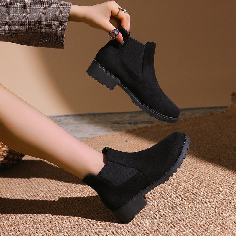 Plus Size One-Foot Short Leather Boots Women'S Round Head Elastic Thick Heel Casual Fashion Boots - Image 2
