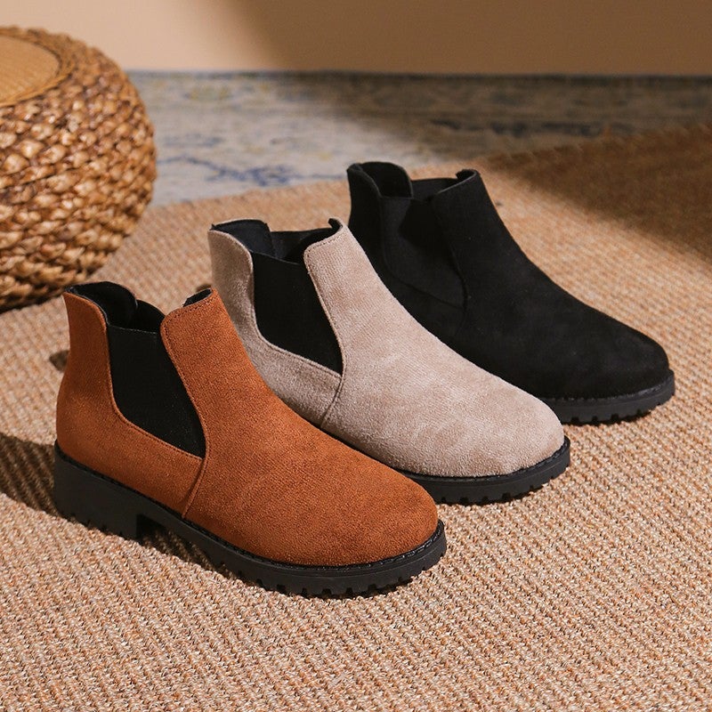Plus Size One-Foot Short Leather Boots Women'S Round Head Elastic Thick Heel Casual Fashion Boots - Image 1
