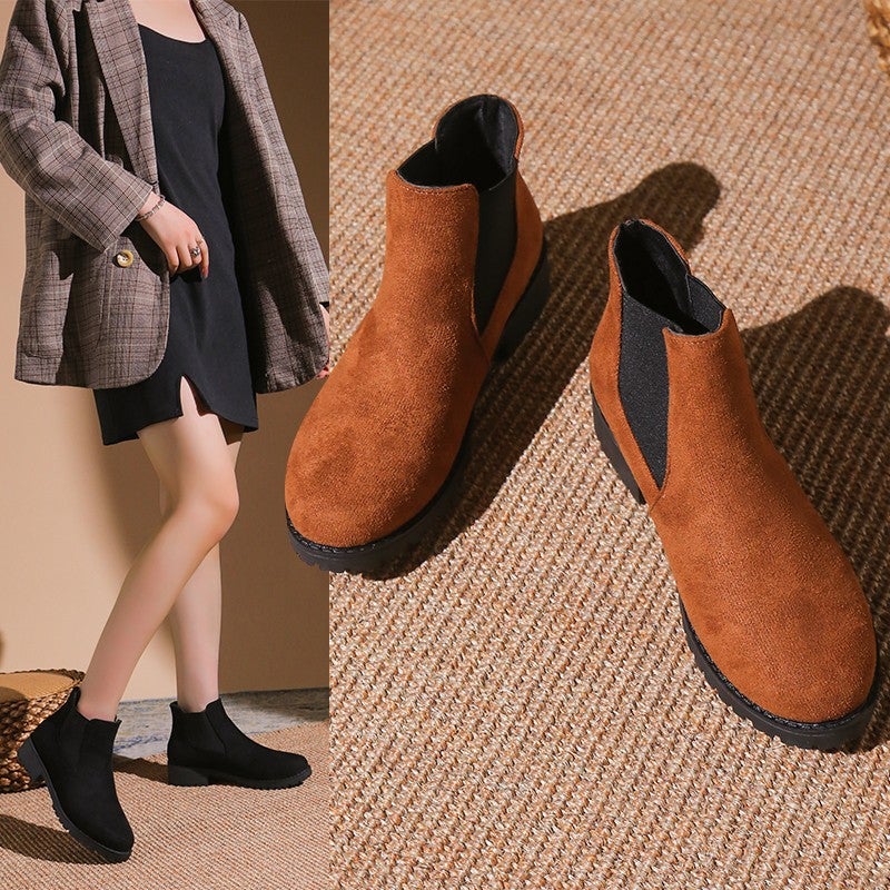 Plus Size One-Foot Short Leather Boots Women'S Round Head Elastic Thick Heel Casual Fashion Boots - Image 4