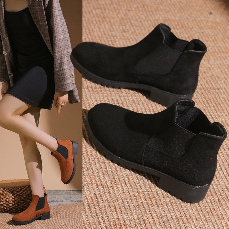 Plus Size One-Foot Short Leather Boots Women'S Round Head Elastic Thick Heel Casual Fashion Boots - Image 3