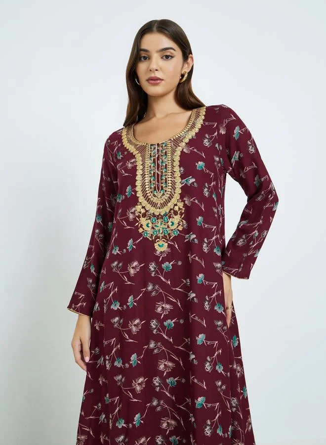 Maxim Creation Maxim Creation Floral Print Jalabiya with Multicolor Threadwork
