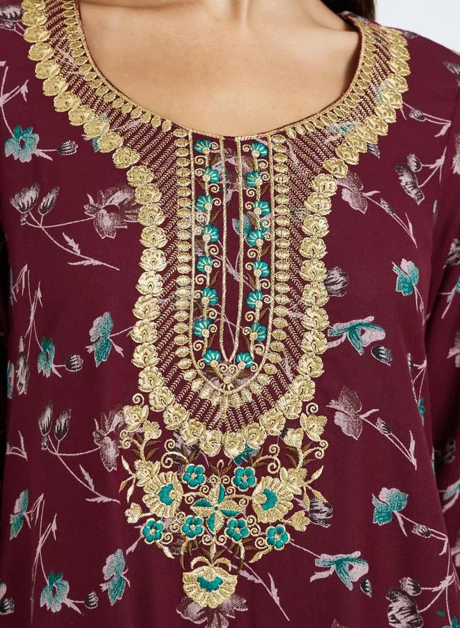 Maxim Creation Floral Print Jalabiya with Multicolor Threadwork