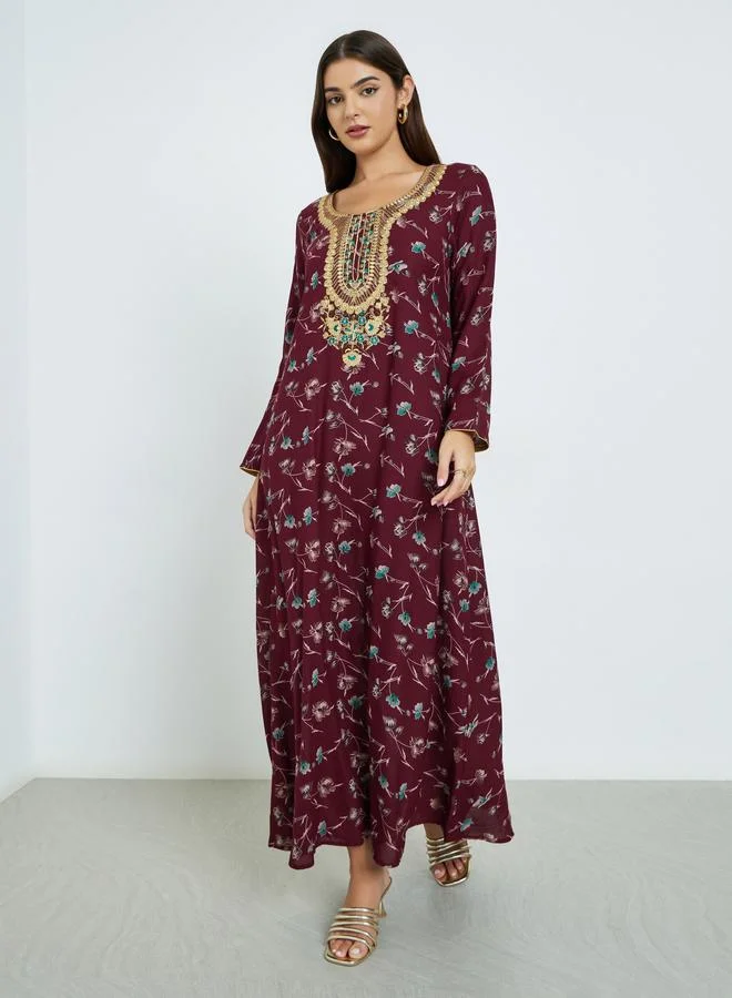 Maxim Creation Maxim Creation Floral Print Jalabiya with Multicolor Threadwork