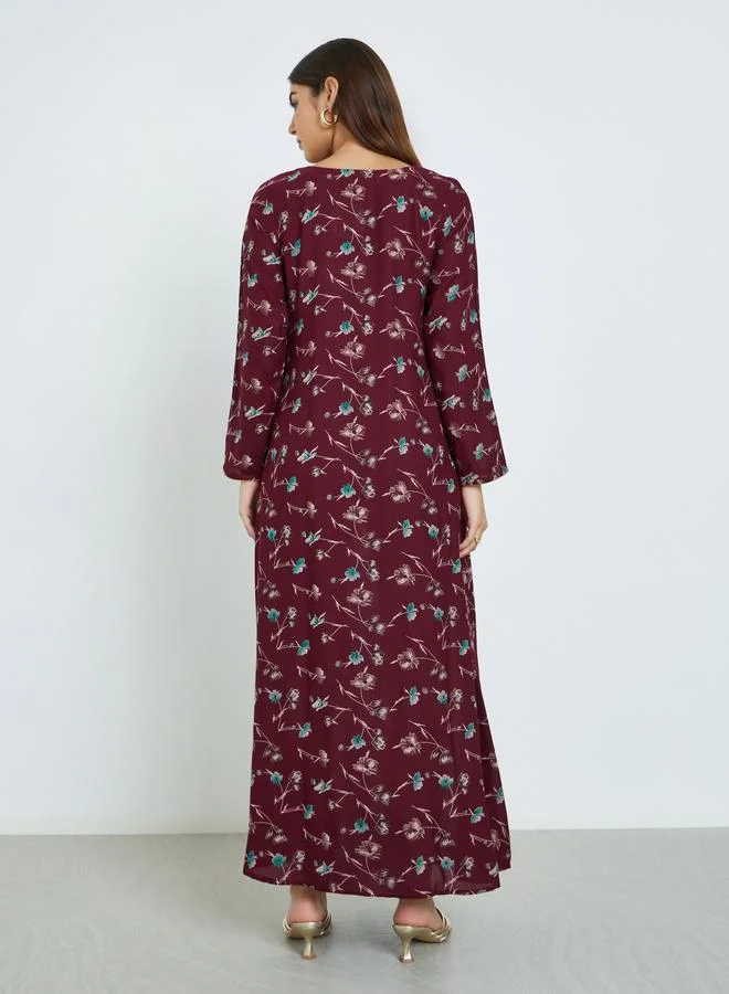 Maxim Creation Floral Print Jalabiya with Multicolor Threadwork
