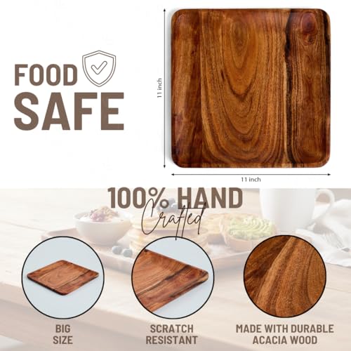 SAAGA Acacia Solid Wood Kitchen Serving Tray - 11 x 11 Inches - Square Serve Platte Use for Salads, Noodles, Snacks, Drinks - Brown - Image 4