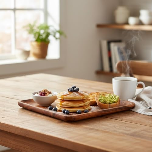 SAAGA Acacia Solid Wood Kitchen Serving Tray - 11 x 11 Inches - Square Serve Platte Use for Salads, Noodles, Snacks, Drinks - Brown - Image 1