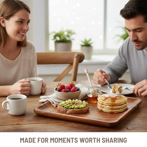 SAAGA Acacia Solid Wood Kitchen Serving Tray - 11 x 11 Inches - Square Serve Platte Use for Salads, Noodles, Snacks, Drinks - Brown - Image 2