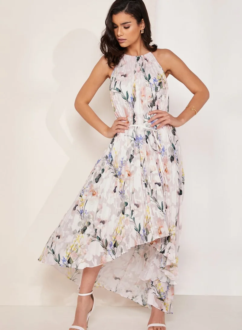 open lace back dress Floral Print Pleated Maxi Shirt Dress | Ceiba