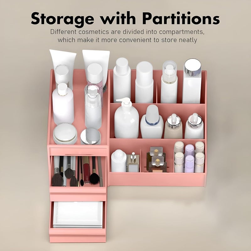 VERAT Makeup Desk Cosmetic Storage Box Organizer with Drawers for Dressing Table, Vanity Countertop, Bathroom Counter, Brushes, Eyeshadow, Lotions, Lipstick & Nail Polish (Pink) - Image 4