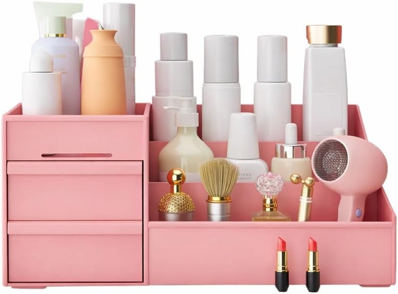 VERAT Makeup Desk Cosmetic Storage Box Organizer with Drawers for Dressing Table, Vanity Countertop, Bathroom Counter, Brushes, Eyeshadow, Lotions, Lipstick & Nail Polish (Pink) - Image 1
