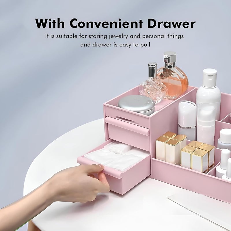 VERAT Makeup Desk Cosmetic Storage Box Organizer with Drawers for Dressing Table, Vanity Countertop, Bathroom Counter, Brushes, Eyeshadow, Lotions, Lipstick & Nail Polish (Pink) - Image 5