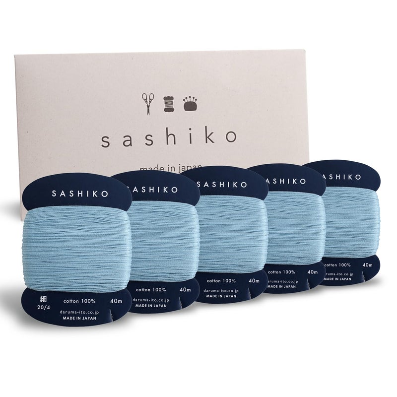 Daruma Sashiko Thread 100 Cotton Card Type 437 yd x 5pcs with English Manual Sewing  Embroidery Value Set Light Blue 0124002015