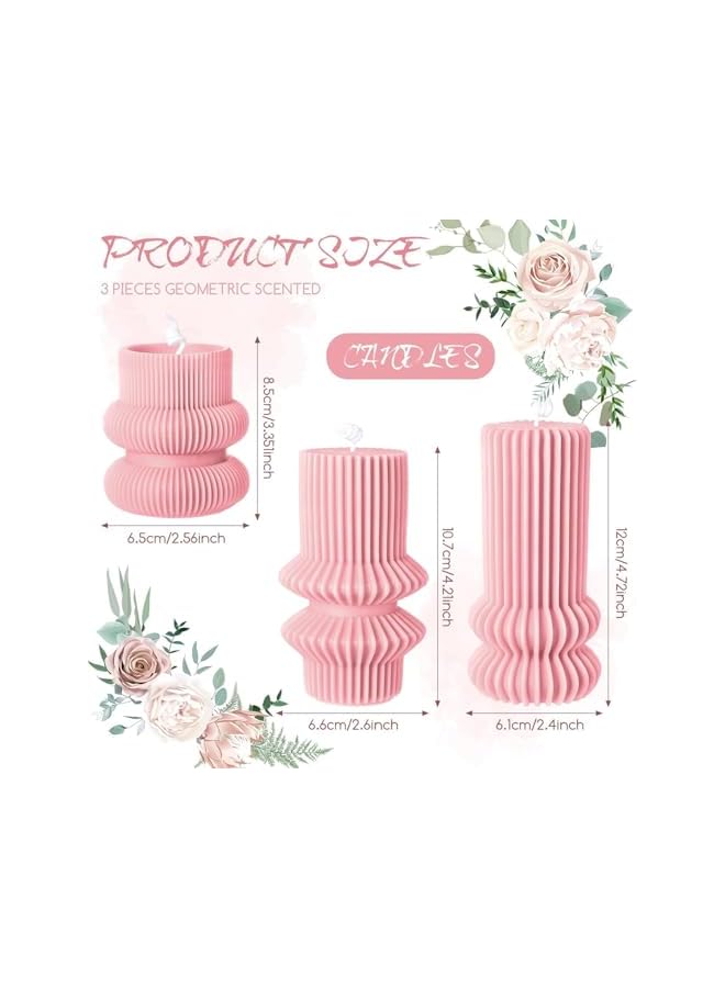 Green Tiger Decorative Ribbed Pillar Candles, Pink Soy Wax, Set of 3, Modern Geometric Design, 12cm/10.7cm/8.5cm Height - Image 4