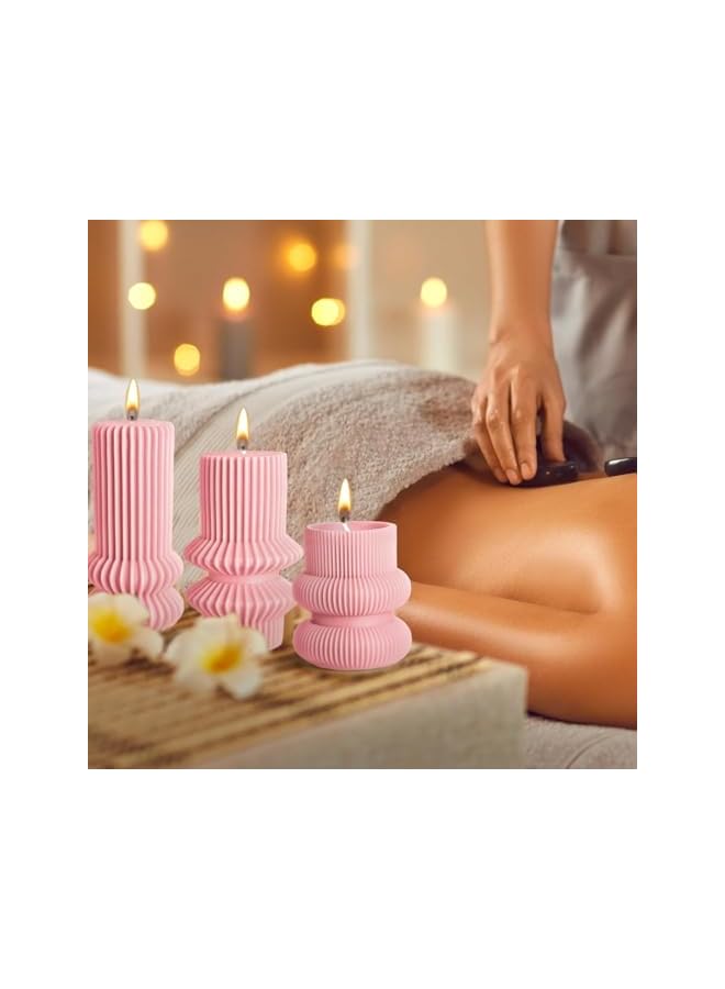 Green Tiger Decorative Ribbed Pillar Candles, Pink Soy Wax, Set of 3, Modern Geometric Design, 12cm/10.7cm/8.5cm Height - Image 3
