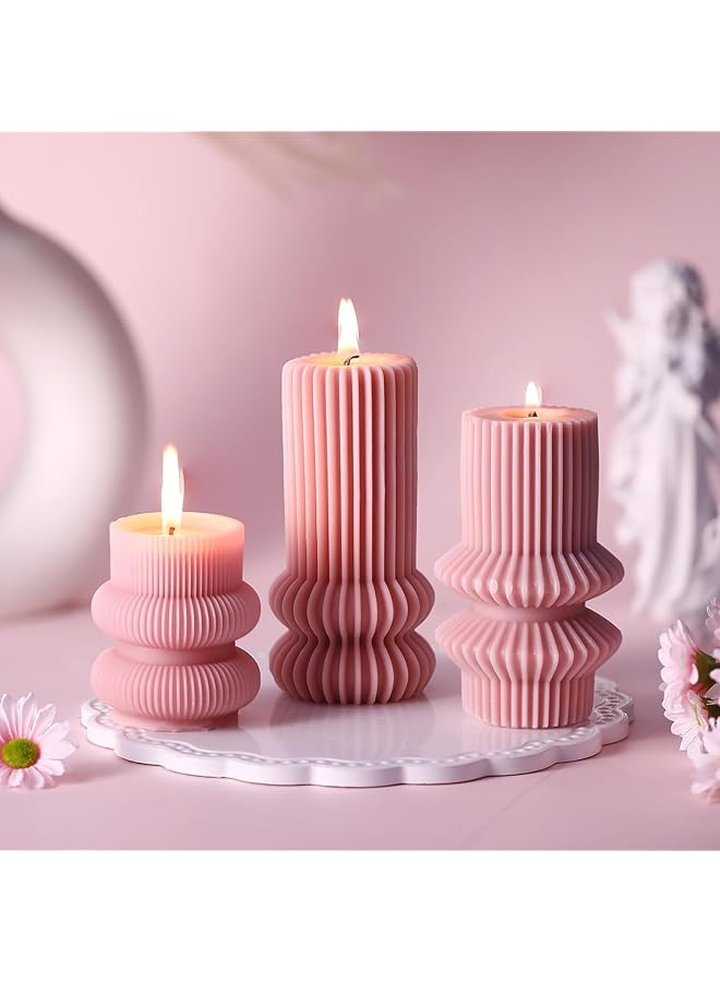 Green Tiger Decorative Ribbed Pillar Candles, Pink Soy Wax, Set of 3, Modern Geometric Design, 12cm/10.7cm/8.5cm Height - Image 1