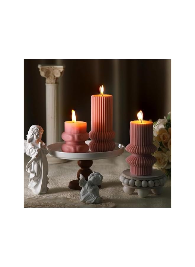 Green Tiger Decorative Ribbed Pillar Candles, Pink Soy Wax, Set of 3, Modern Geometric Design, 12cm/10.7cm/8.5cm Height - Image 2
