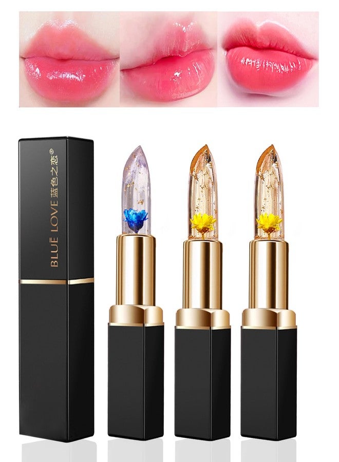 BLUE LOVE 3-Piece Color Changing Flower Jelly Lipstick Set - Nourishing Clear Lip Balm with Flower, Long-Lasting Moisturizing Lip Gloss (2Pc Gold 1Pc Blue) - Image 1