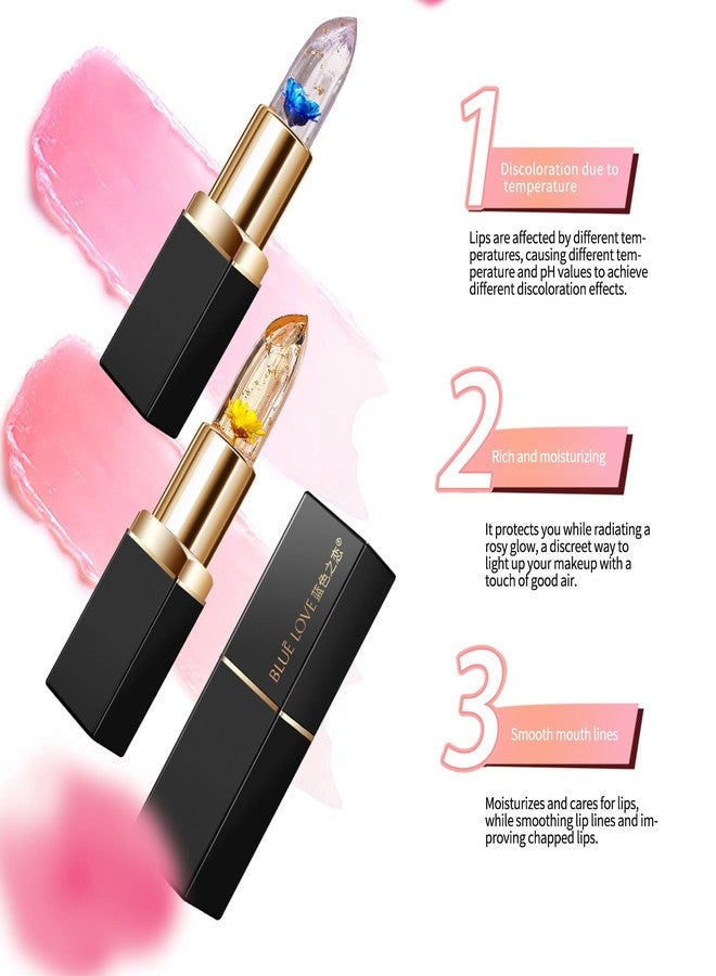 BLUE LOVE 3-Piece Color Changing Flower Jelly Lipstick Set - Nourishing Clear Lip Balm with Flower, Long-Lasting Moisturizing Lip Gloss (2Pc Gold 1Pc Blue) - Image 5