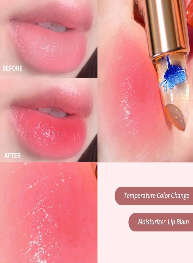 BLUE LOVE 3-Piece Color Changing Flower Jelly Lipstick Set - Nourishing Clear Lip Balm with Flower, Long-Lasting Moisturizing Lip Gloss (2Pc Gold 1Pc Blue) - Image 2