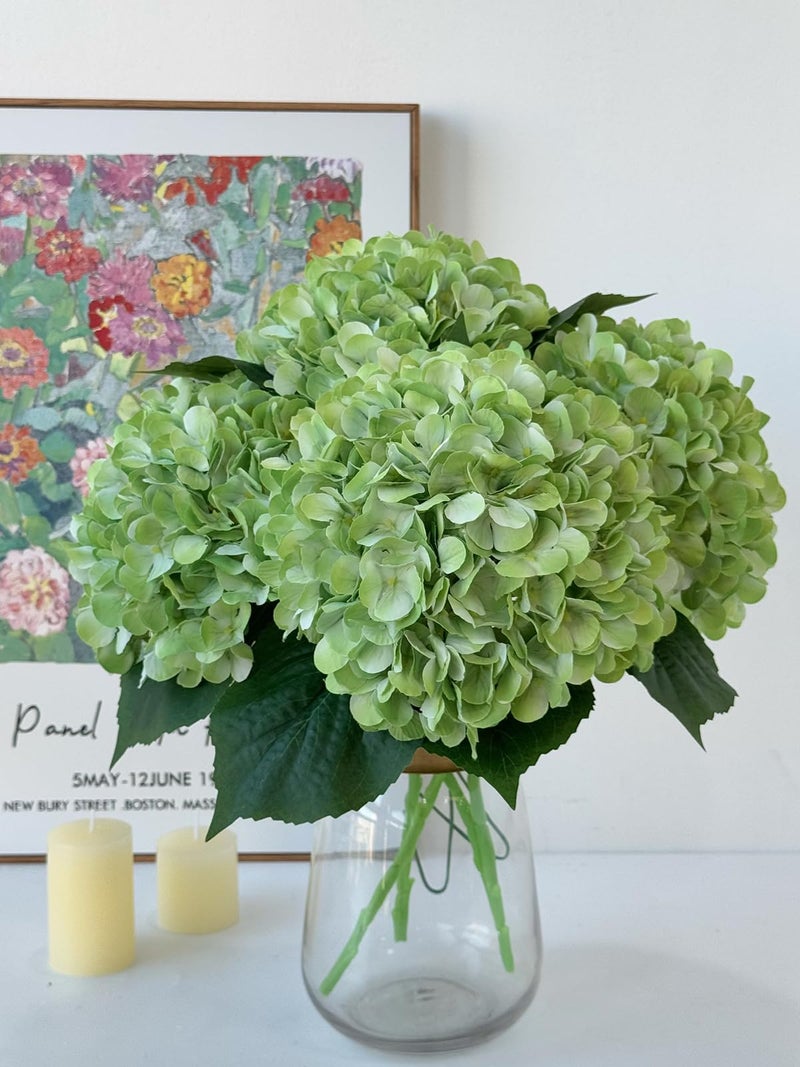 YalzoneMet 4Pcs Light Green Silk Hydrangea Artificial Flower Lifelike Big Blooms 20 Long Stem Faux Hydrangea Flower Bouquets for Home Party Indoor Outdoor Wedding Table Centerpiece Decor