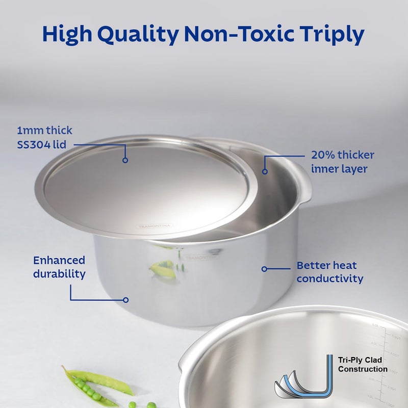 TRAMONTINA Tramontina Aeion Triply 20cm31L Tope with SS 304 Lid Healthy Non Toxic Extended Grip Bhagona Tapeli Patila for Boiling MilkWater NSF Certified 10 Year Warranty - Image 2