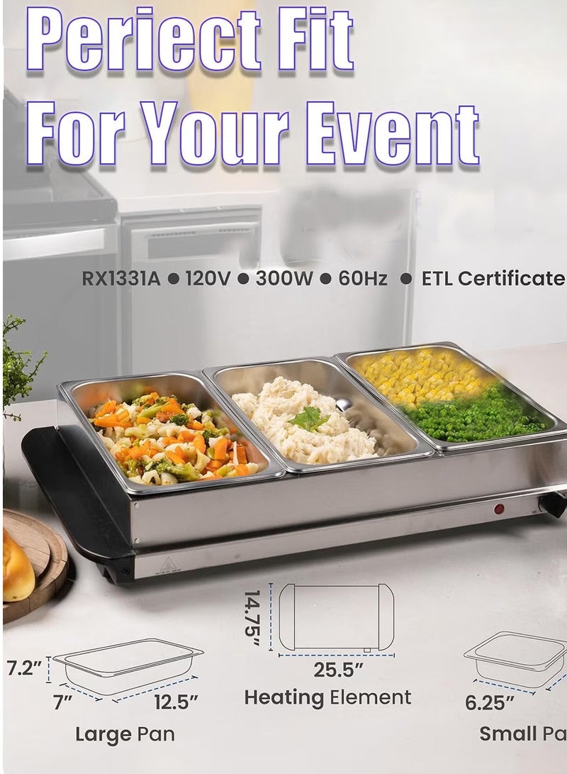 HEROCKX Electric Food Warmers  3 Section Buffet Warmer Adjustable Heat Easy Clean Stainless Steel Portable & Great for Parties Holiday & Events - Image 2